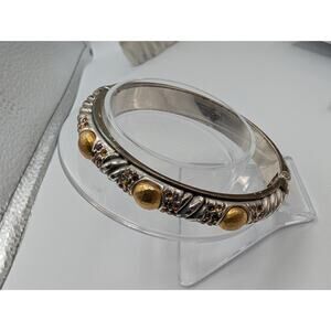 Hinged Bangle Bracelet 2.25" Two Tone Silver Gold Amber Crystal Statement